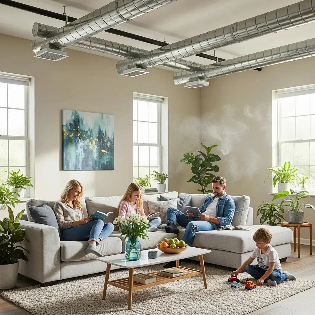 Family enjoying a clean and healthy living room with visible air ducts