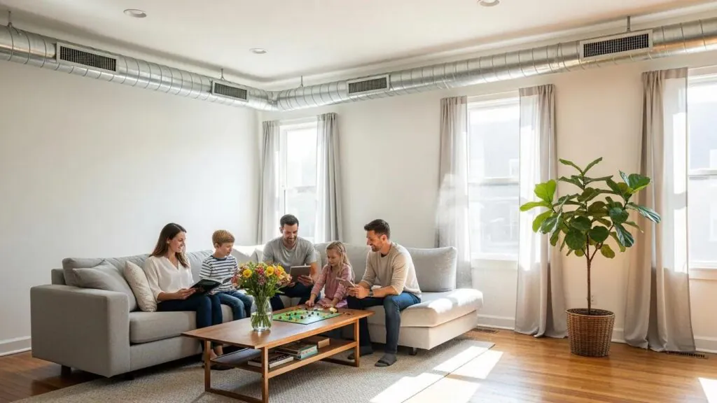 Family enjoying fresh air in a clean living room emphasizing the importance of air duct cleaning