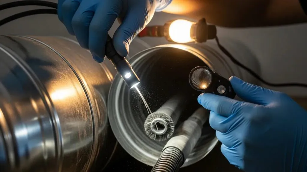 Technician inspecting ductwork with specialized tools during an air duct cleaning