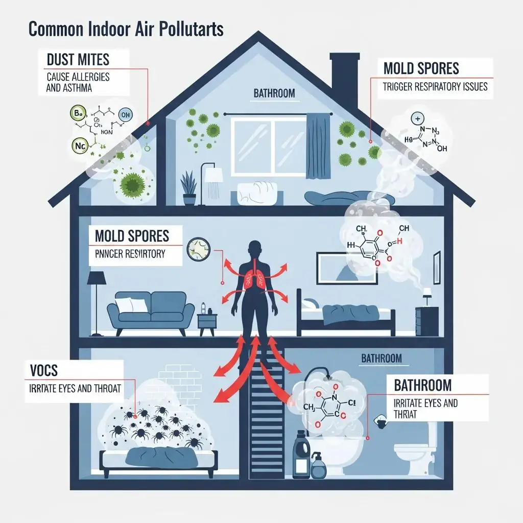 Diagram showing common indoor air pollutants and how they affect household health