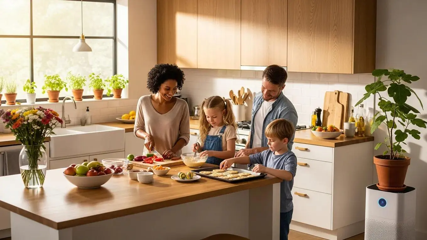 Family enjoying time in a clean kitchen with an air purifier, highlighting tips for maintaining optimal indoor air quality