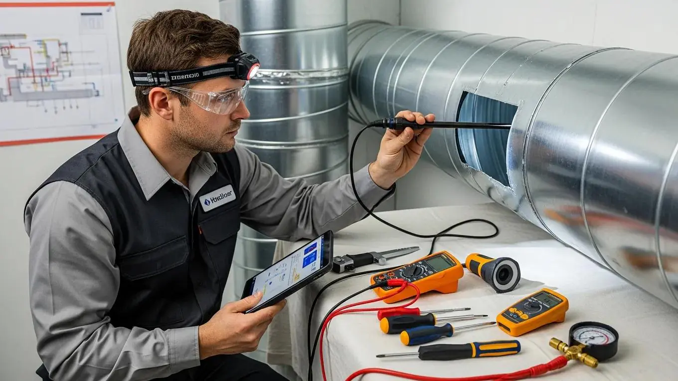 HVAC technician inspecting a clean air duct system, emphasizing energy efficiency and maintenance