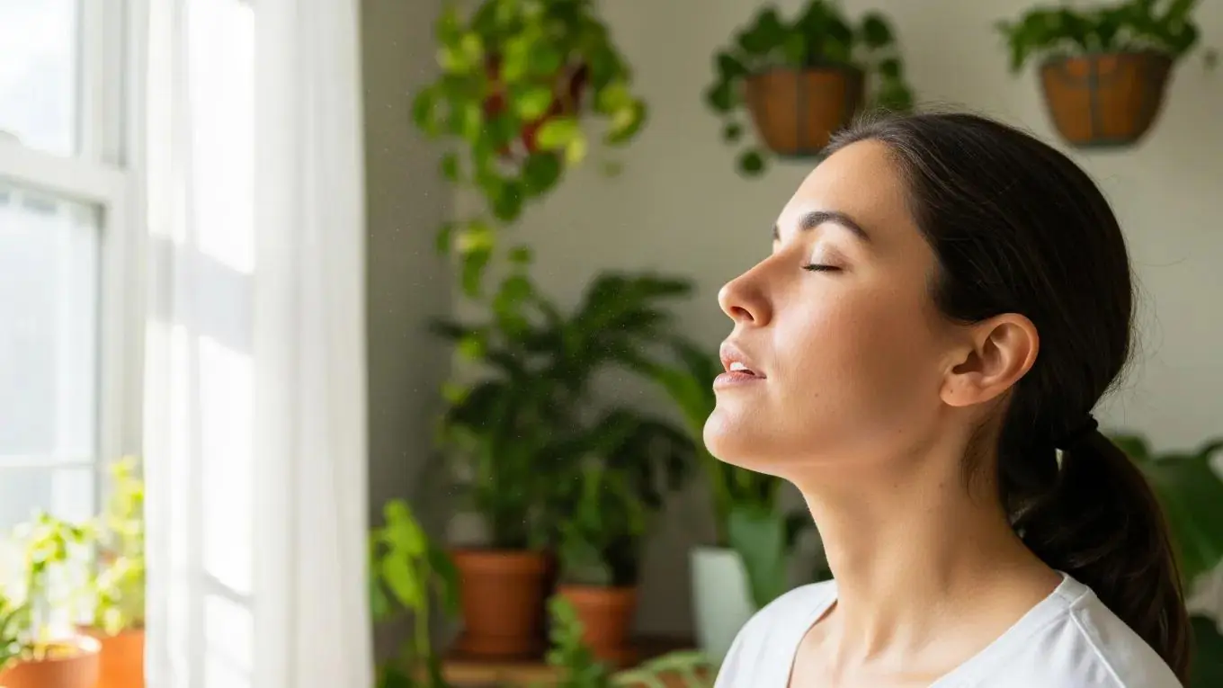 Person breathing deeply in a bright room, illustrating health improvements from clean air ducts