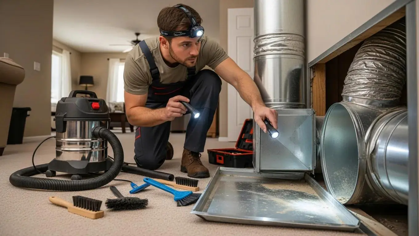 Technician inspecting air ducts during the cleaning process, highlighting thoroughness and professionalism